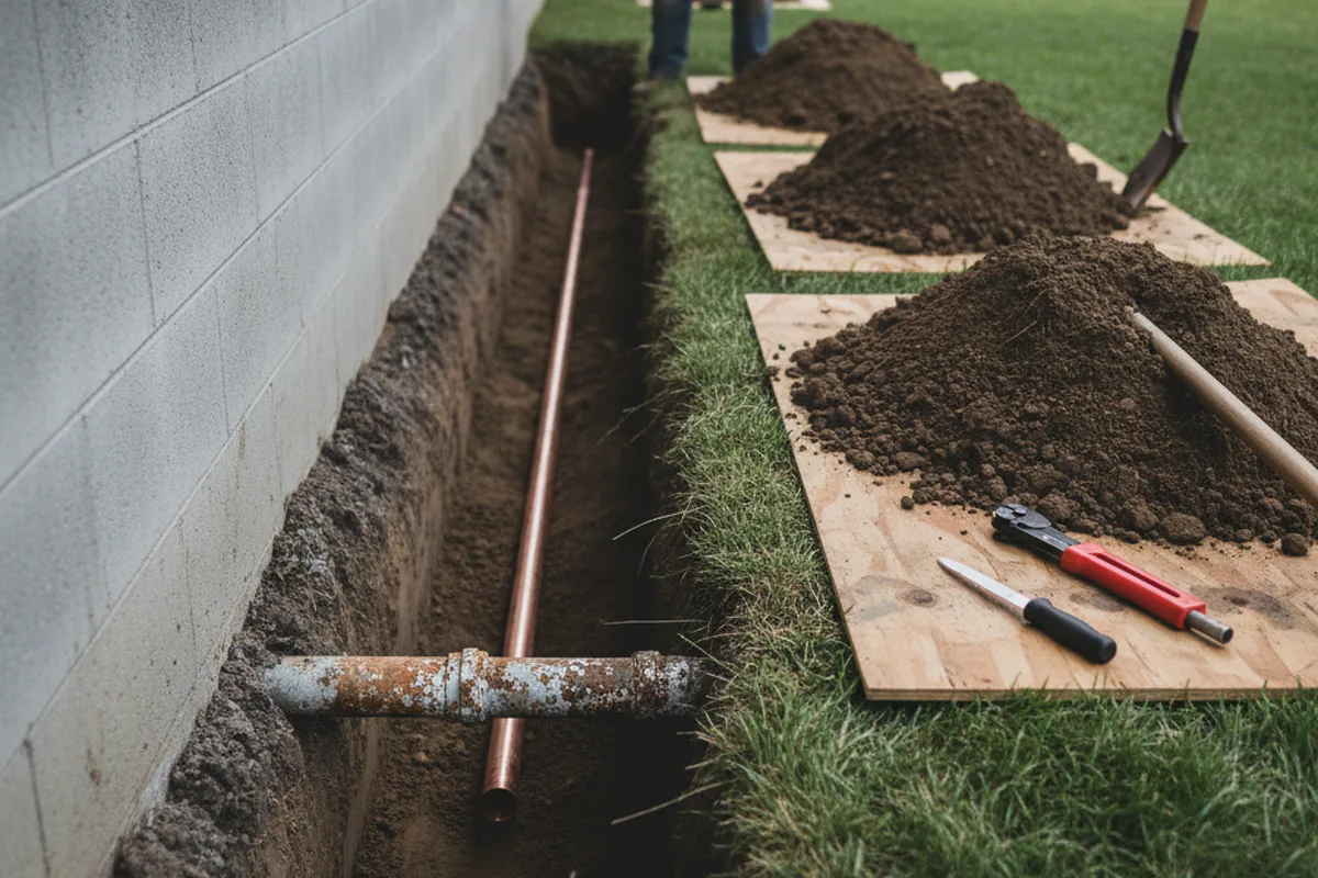 Excavated water line trench during Water Softener Installation in Peaks Island
